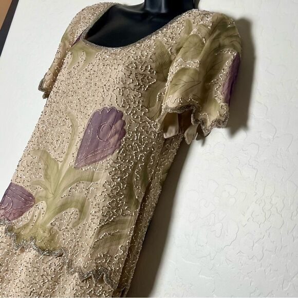 Lawrence Kazar Beaded Silk Dress Ivory Lavender Floral Scallop Short Sleeve 8 P - Picture 2 of 15